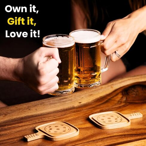 Pickleball Drink Coasters, 2/Pack, Pickleball Gift, Party Decoration, Birch Wood Coaster Set, 3.5 x 3.5", Paddle Shape with Handle, Varnished Finish in Saudi Arabia