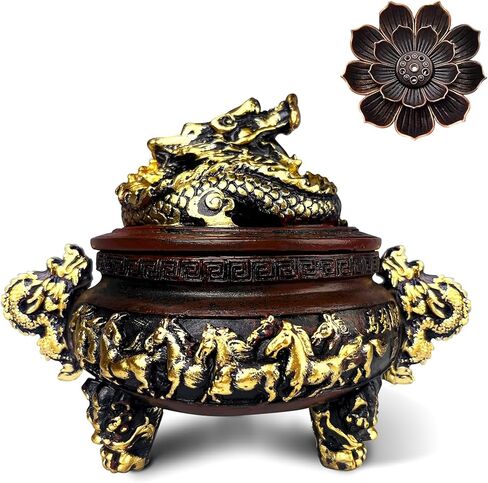 موقد البخور ، موقد راتنجات التنين ، موقد البخور مع غطاء وملحقات الوقوف ، مناسبة للاستخدام الداخلي والخارجي ، فكرة هدية Housewarming ، ديكور Feng Shui Home (أحمر) in Kuwait
