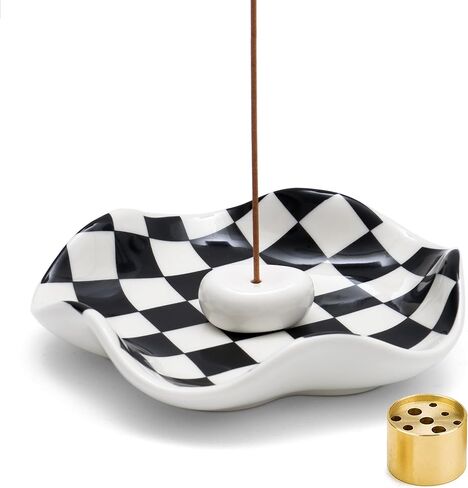 Ceramic Incense Holder for Sticks - Wave-Shaped Tray with Brass & Ceramic Stick Holder - Incense Burner Holder with 5.3" Ash Catcher Bowl for Meditation, Yoga, Home Decor (Black&White) in Saudi Arabia