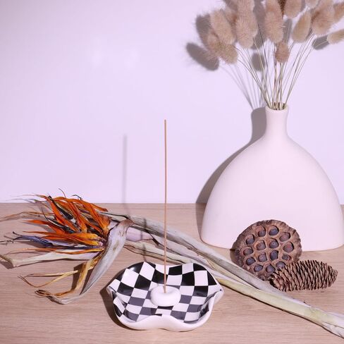 Ceramic Incense Holder for Sticks - Wave-Shaped Tray with Brass & Ceramic Stick Holder - Incense Burner Holder with 5.3" Ash Catcher Bowl for Meditation, Yoga, Home Decor (Black&White) in Saudi Arabia