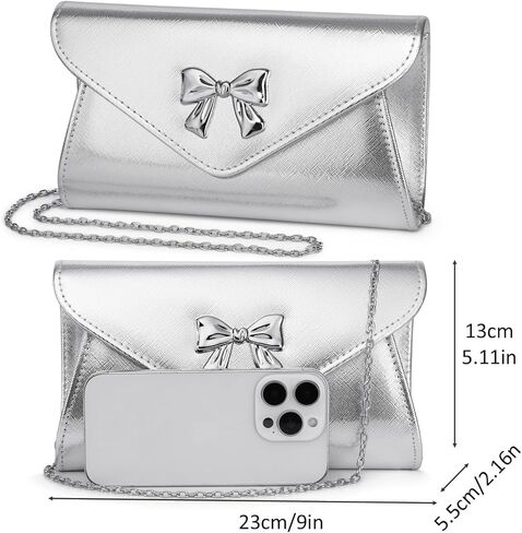Women Bow Evening Clutch Purse Elegant PU Leather Shiny Party Bag with Detachable Chain Wedding Prom Handbag in Saudi Arabia