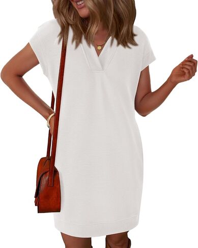 Okiwam Women's Spring Summer Dresses 2025 Casual Short Sleeve V-Neck T-Shirt Mini Vacation Sun Dresses with Pockets in Saudi Arabia
