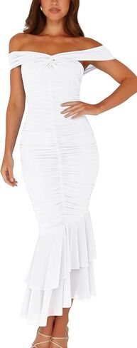 GOBLES Women's Sexy Off the Counder Slim Fitting Buttom Ruched Bodycon Midi Party Dress in Kuwait
