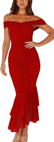 GOBLES Women's Sexy Off the Counder Slim Fitting Buttom Ruched Bodycon Midi Party Dress in Kuwait