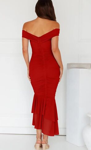 GOBLES Women's Sexy Off the Counder Slim Fitting Buttom Ruched Bodycon Midi Party Dress in Kuwait