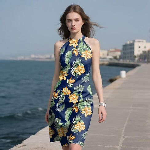 Beimuc Women Summer Sleeveless Halter Neck Dresses 2025 Casual Floral Print Dress Mid Sun Dress for Party Beach Vacation in Kuwait