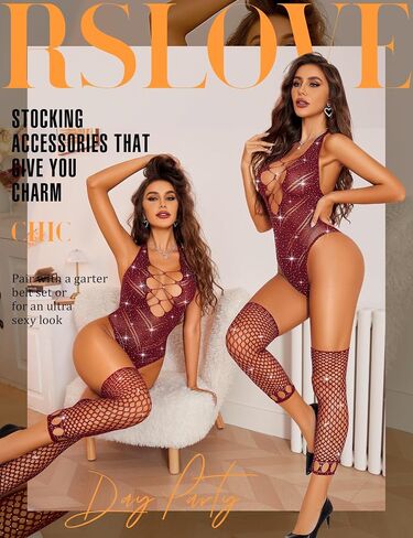RSLOVE Sexy Lingerie for Women Bodysuit - Womens Fishnet Teddy Outfits Mesh Rhinestone Lingerie Set Cut Out Exotic Nightwear in Saudi Arabia