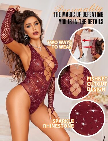 RSLOVE Sexy Lingerie for Women Bodysuit - Womens Fishnet Teddy Outfits Mesh Rhinestone Lingerie Set Cut Out Exotic Nightwear in Saudi Arabia