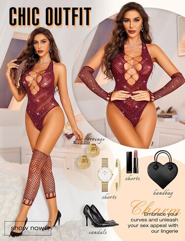 RSLOVE Sexy Lingerie for Women Bodysuit - Womens Fishnet Teddy Outfits Mesh Rhinestone Lingerie Set Cut Out Exotic Nightwear in Saudi Arabia