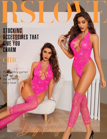 RSLOVE Sexy Lingerie for Women Bodysuit - Womens Fishnet Teddy Outfits Mesh Rhinestone Lingerie Set Cut Out Exotic Nightwear in Saudi Arabia