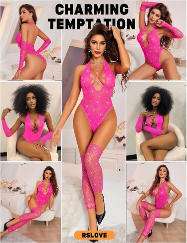 RSLOVE Sexy Lingerie for Women Bodysuit - Womens Fishnet Teddy Outfits Mesh Rhinestone Lingerie Set Cut Out Exotic Nightwear in Saudi Arabia