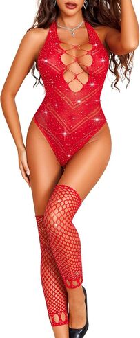 RSLOVE Sexy Lingerie for Women Bodysuit - Womens Fishnet Teddy Outfits Mesh Rhinestone Lingerie Set Cut Out Exotic Nightwear in Saudi Arabia