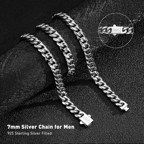 7MM Stainless Steel Mens Cuban Link Chain,Black Metal/925 Sterling Silver Plated Men Chain Necklaces Black/Silver Chain for Men Necklace in Saudi Arabia