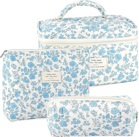 3Pcs Cotton Quilted Makeup Bag for Women Extra Large Small Travel Cosmetic Bag Set Cute Blue Floral Print Makeup Pouch Portable Toiletry Bag Organizer Coquette Vintage Puffy Travel Essential in Kuwait