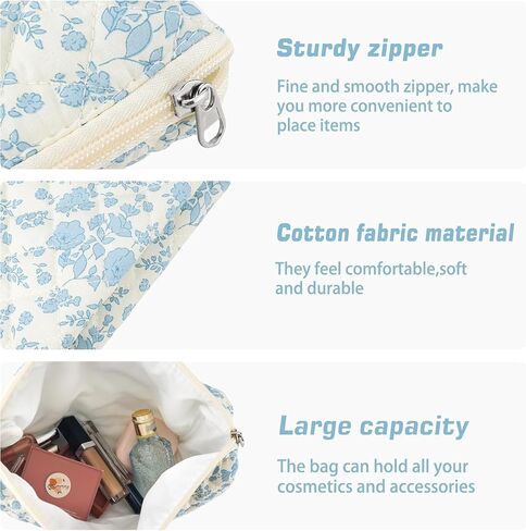 3Pcs Cotton Quilted Makeup Bag for Women Extra Large Small Travel Cosmetic Bag Set Cute Blue Floral Print Makeup Pouch Portable Toiletry Bag Organizer Coquette Vintage Puffy Travel Essential in Kuwait
