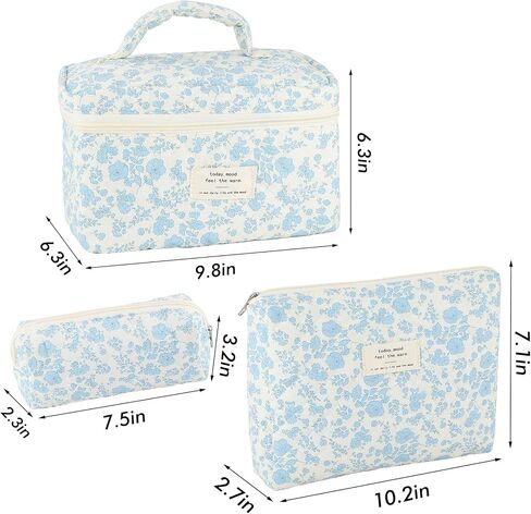 3Pcs Cotton Quilted Makeup Bag for Women Extra Large Small Travel Cosmetic Bag Set Cute Blue Floral Print Makeup Pouch Portable Toiletry Bag Organizer Coquette Vintage Puffy Travel Essential in Kuwait