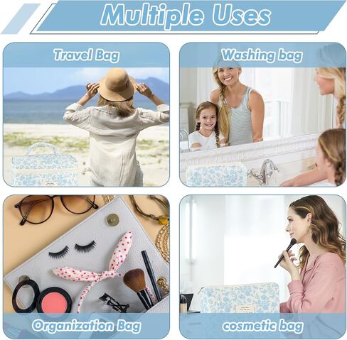 3Pcs Cotton Quilted Makeup Bag for Women Extra Large Small Travel Cosmetic Bag Set Cute Blue Floral Print Makeup Pouch Portable Toiletry Bag Organizer Coquette Vintage Puffy Travel Essential in Kuwait