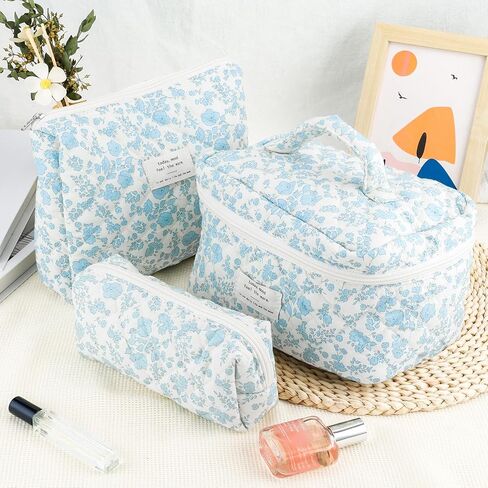 3Pcs Cotton Quilted Makeup Bag for Women Extra Large Small Travel Cosmetic Bag Set Cute Blue Floral Print Makeup Pouch Portable Toiletry Bag Organizer Coquette Vintage Puffy Travel Essential in Kuwait