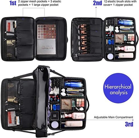 راحة حقيبة مكياج منظم المكياج منظم المكياج الكبير حالة مكياج كبيرة مع فواصل قابلة للتعديل ، وحزام ثابت من الزاوية القابلة للتعديل وحزام الكتف in Kuwait
