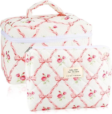3Pcs Cotton Quilted Makeup Bag for Women Extra Large Small Travel Cosmetic Bag Set Cute Blue Floral Print Makeup Pouch Portable Toiletry Bag Organizer Coquette Vintage Puffy Travel Essential in Kuwait