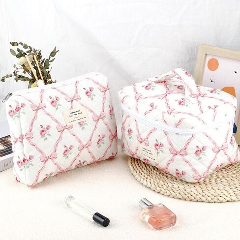 3Pcs Cotton Quilted Makeup Bag for Women Extra Large Small Travel Cosmetic Bag Set Cute Blue Floral Print Makeup Pouch Portable Toiletry Bag Organizer Coquette Vintage Puffy Travel Essential in Kuwait