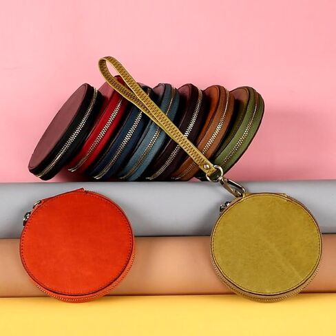 Vintage Mini Coin Purse with Lanyard Top Cowhide Leather Round Change Pouch Small Wallet for Cash Cards Coins Present for Birthdays Holidays Orange in Saudi Arabia