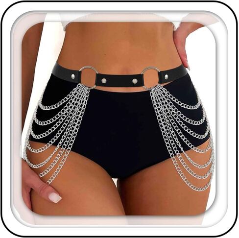 Asooll Leather Waist Chain Punk Layered Waist Chain Belt Harness Black Belly Body Chain Belt Fashion Beach Bikini Rave Party Body Accessories Jewelry for Women and Girls in Saudi Arabia