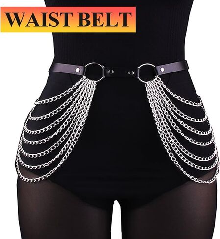 Asooll Leather Waist Chain Punk Layered Waist Chain Belt Harness Black Belly Body Chain Belt Fashion Beach Bikini Rave Party Body Accessories Jewelry for Women and Girls in Saudi Arabia