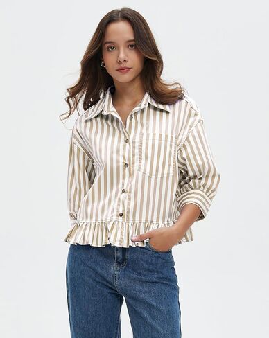 زر المرأة أسفل القمصان المخططة peplum كشكش تنحن in Kuwait