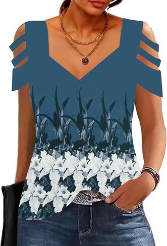 SAUKOLE Summer Women Cold Shoulder Tops Casual Loose Hollow Out Short Sleeve T Shirt Sexy V Neck Tops Blouses in Saudi Arabia