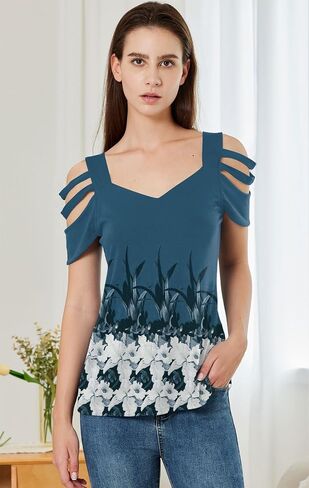 SAUKOLE Summer Women Cold Shoulder Tops Casual Loose Hollow Out Short Sleeve T Shirt Sexy V Neck Tops Blouses in Saudi Arabia