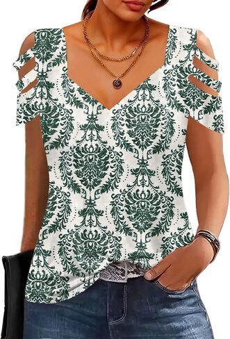 SAUKOLE Summer Women Cold Shoulder Tops Casual Loose Hollow Out Short Sleeve T Shirt Sexy V Neck Tops Blouses in Saudi Arabia
