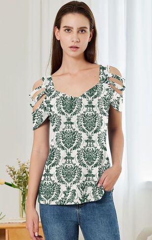 SAUKOLE Summer Women Cold Shoulder Tops Casual Loose Hollow Out Short Sleeve T Shirt Sexy V Neck Tops Blouses in Saudi Arabia