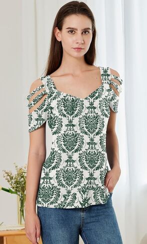 SAUKOLE Summer Women Cold Shoulder Tops Casual Loose Hollow Out Short Sleeve T Shirt Sexy V Neck Tops Blouses in Saudi Arabia