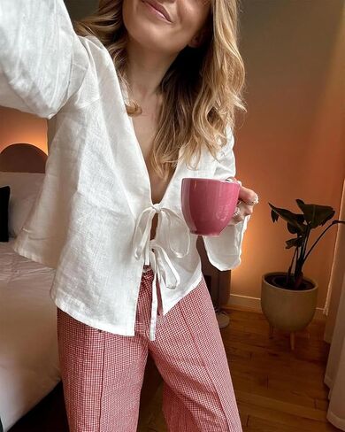 Bow Tie Front Tops for Women Casual Lace Up Bow Shirts Hollow Out V Neck Long Flare Sleeve Blouses Tops in Saudi Arabia