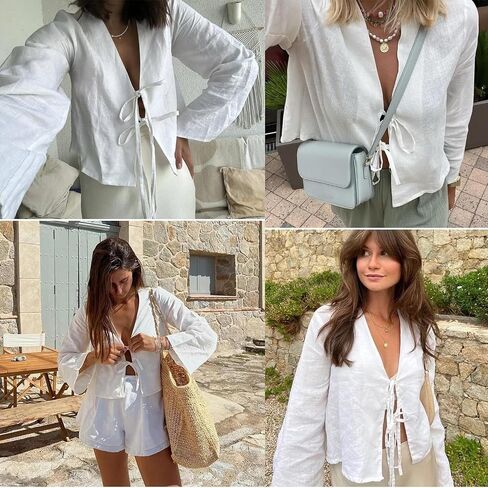 Bow Tie Front Tops for Women Casual Lace Up Bow Shirts Hollow Out V Neck Long Flare Sleeve Blouses Tops in Saudi Arabia