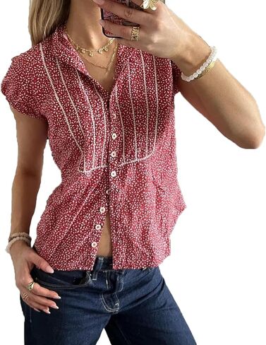 Women Y2K Plaid Button Down Shirt Coquette Short Sleeve V Neck Blouses Top Vintage Preppy Crop Top Shirt in Saudi Arabia