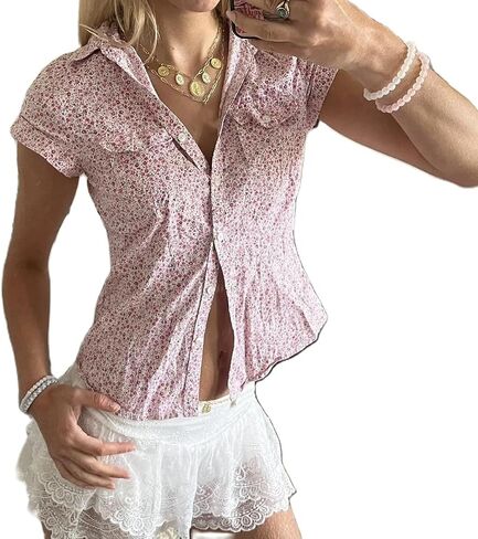 Women Y2K Plaid Button Down Shirt Coquette Short Sleeve V Neck Blouses Top Vintage Preppy Crop Top Shirt in Saudi Arabia