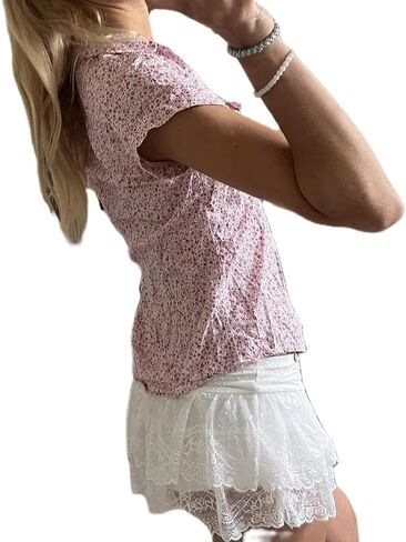 Women Y2K Plaid Button Down Shirt Coquette Short Sleeve V Neck Blouses Top Vintage Preppy Crop Top Shirt in Saudi Arabia