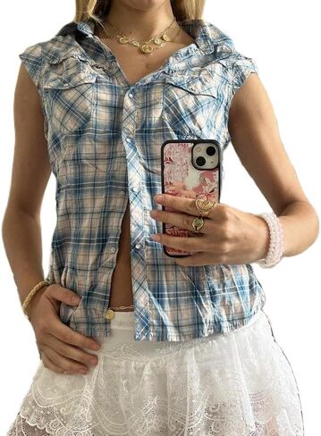 Women Y2K Plaid Button Down Shirt Coquette Short Sleeve V Neck Blouses Top Vintage Preppy Crop Top Shirt in Saudi Arabia