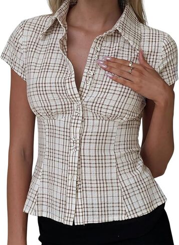Women Y2K Plaid Button Down Shirt Coquette Short Sleeve V Neck Blouses Top Vintage Preppy Crop Top Shirt in Saudi Arabia