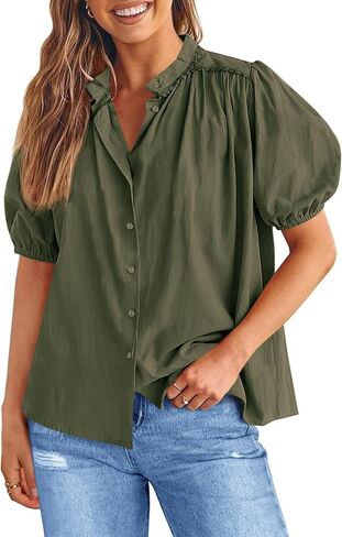 Tankaneo Womens Puff Sleeve Button Down Shirts Cotton Pleated Loose Fit Tops Summer Dressy Casual Blouses in Saudi Arabia