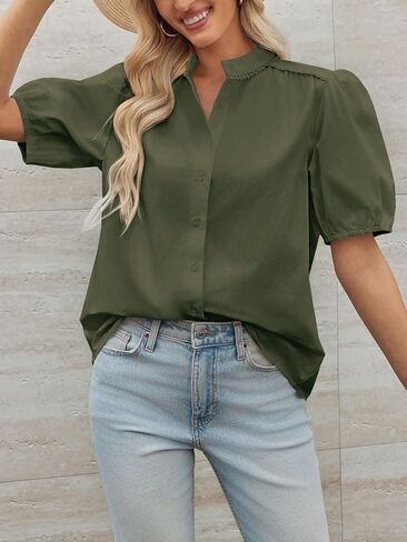 Tankaneo Womens Puff Sleeve Button Down Shirts Cotton Pleated Loose Fit Tops Summer Dressy Casual Blouses in Saudi Arabia