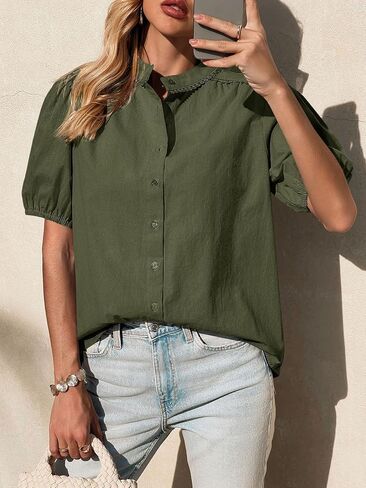 Tankaneo Womens Puff Sleeve Button Down Shirts Cotton Pleated Loose Fit Tops Summer Dressy Casual Blouses in Saudi Arabia