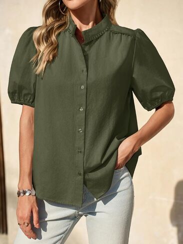 Tankaneo Womens Puff Sleeve Button Down Shirts Cotton Pleated Loose Fit Tops Summer Dressy Casual Blouses in Saudi Arabia