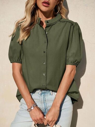 Tankaneo Womens Puff Sleeve Button Down Shirts Cotton Pleated Loose Fit Tops Summer Dressy Casual Blouses in Saudi Arabia