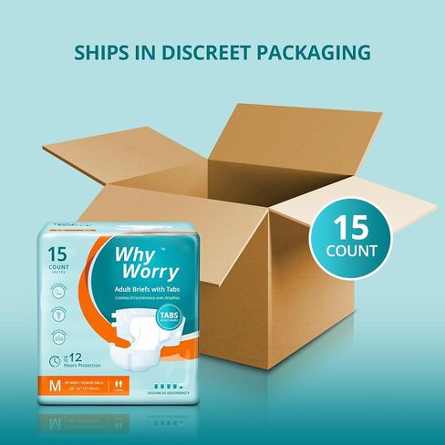 Adult Diapers with Tabs, Disposable Incontinence Briefs for Women and Men with Overnight Absorbency, Odor Control, Unisex, Medium, 15 Count in Saudi Arabia