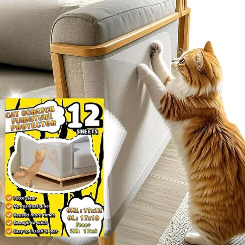 Ultra Clear Anti Cat Scratch Furniture Protector, 14 Pack, Self-Adhesive Couch Protector for Cat Claws, Single Side Cat Scratch Deterrent Tape, No Residue, Reusable, 17x12 inch, 60 Pins in Saudi Arabia