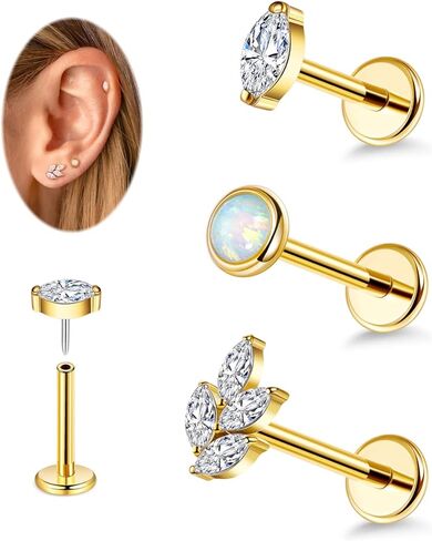 3Pcs 18G/16G G23 Titanium Threadless Push in Cartilage Stud Earrings Set for Women Hypoallergenic FlatBack Push in Earrings CZ Opal Leaf Tragus Helix Conch Piercing Jewelry in Saudi Arabia