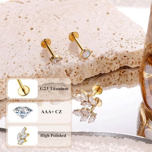 3Pcs 18G/16G G23 Titanium Threadless Push in Cartilage Stud Earrings Set for Women Hypoallergenic FlatBack Push in Earrings CZ Opal Leaf Tragus Helix Conch Piercing Jewelry in Saudi Arabia